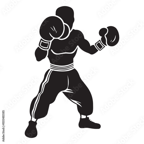 The Boxer's Stance: A powerful silhouette of a determined boxer in fighting stance, ready for the challenge, showcasing strength and resilience.