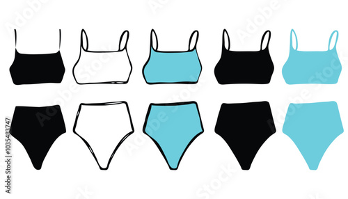 Casual fashion. Woman underwear set. Casual bra top and high-waist bottom. Doodle icons isolated on a white background. Front, black and cyan