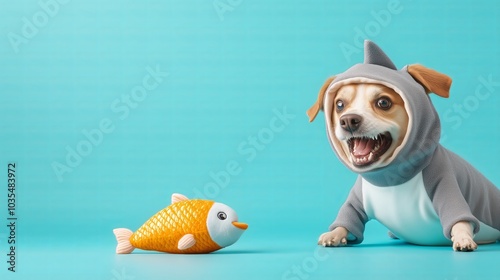Dog in a shark costume, pretending to attack a stuffed toy fish, exaggerated funny expression, vibrant blues and greys
