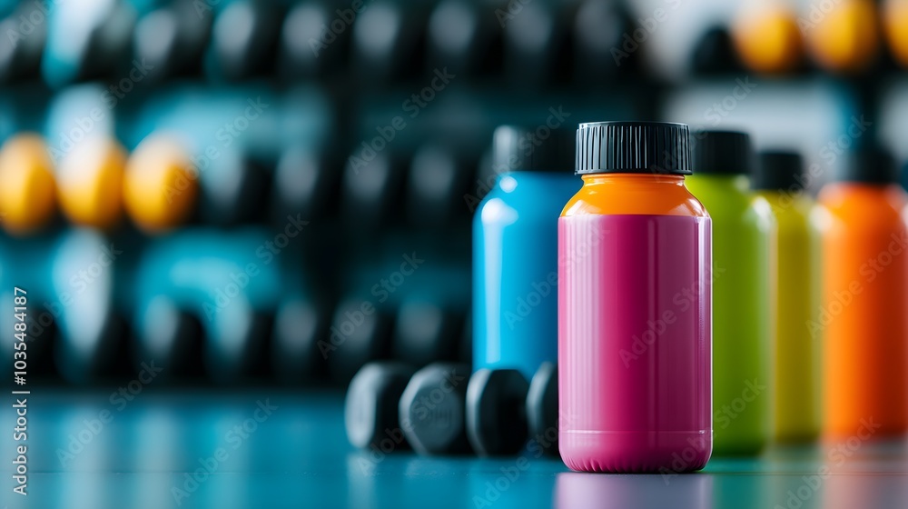 Health drink bottle, bold colorful label, sleek modern shape, in front of gym equipment like kettlebells and dumbbells, professional fitness setting, isolated on white background Health drink bottle, bold colorful label, sleek modern shape, in front of gym equipment like kettlebells and dumbbells, professional fitness setting, isolated on white background