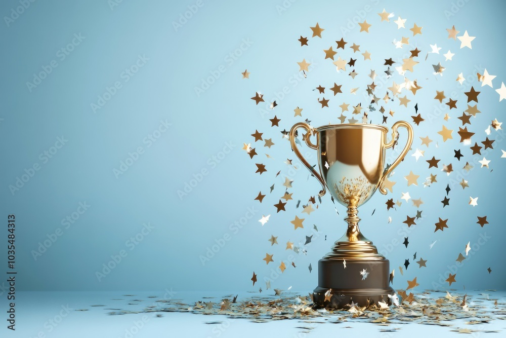 Naklejka premium Golden Trophy with Star Confetti on Blue Background