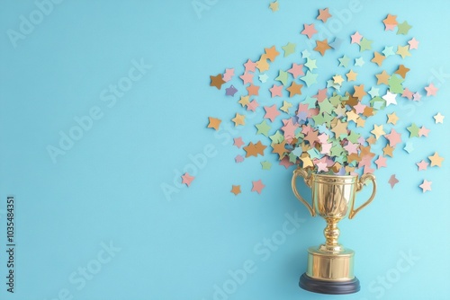 Golden Trophy with Colorful Star Confetti Background