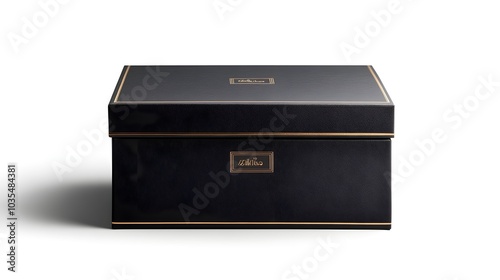 High-class food delivery box, premium black packaging, gold foil logo, placed in a chic dining environment, modern luxury, isolated on white background