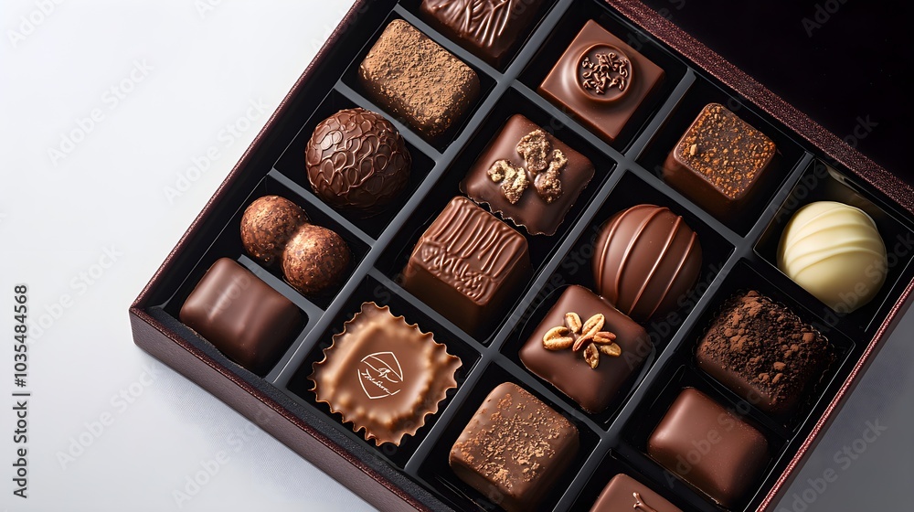 Obraz premium High-end chocolate box, deep rich colors, embossed logo detail, velvet backdrop, soft luxurious lighting, isolated on white background