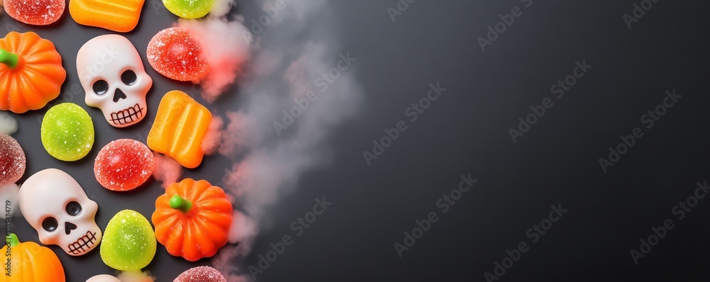 Fototapeta premium Closeup of colorful Halloween candies shaped like skulls and pumpkins, scattered on a dark table with dry ice fog, Pop Art style, high contrast, bold colors