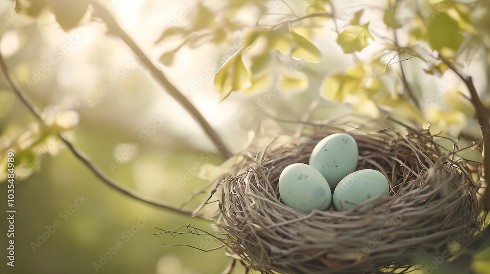 Bird's nest with three pale blue eggs resting on a tree branch in the soft light of a spring morning, symbolizing new beginnings and the arrival of Easter. Bird's nest with three pale blue eggs resting on a tree branch in the soft light of a spring morning, symbolizing new beginnings and the arrival of Easter.