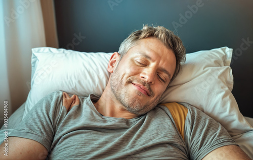 Man in gray shirt is smiling and sleeping peacefully on white bed with pillow.