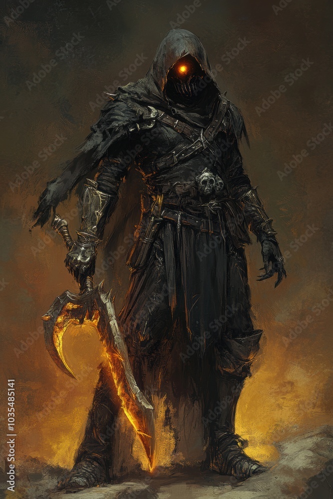 Naklejka premium Grim reaper with scythe. Halloween theme poster.