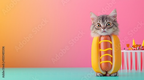 Cat dressed as a hotdog, standing awkwardly in front of a Halloween party table, neon lighting, vibrant colors, humorous and playful photo