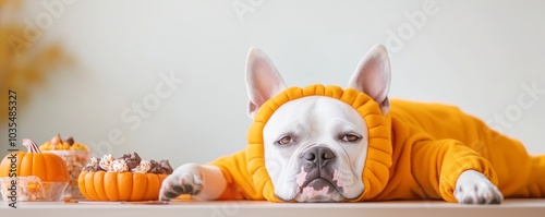 Bulldog in a pumpkin pie costume, lying lazily next to a table of Halloween treats, funny expression, warm cozy colors photo