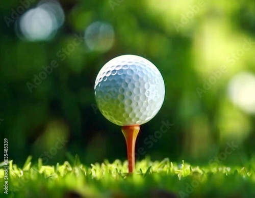 Close-up golf ball on tee with blur green bokeh background.