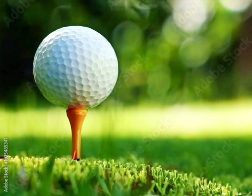 Close-up golf ball on tee with blur green bokeh background.