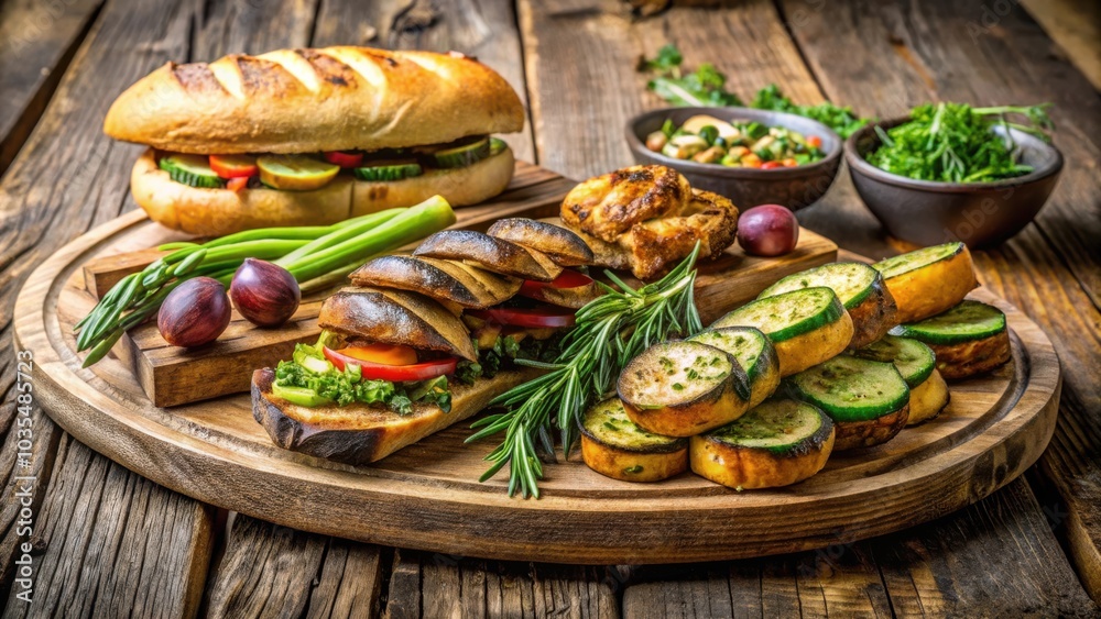 A Rustic Wooden Platter Filled with Grilled Sandwiches, Vegetables, and Herbs, Ideal for a Summer Gathering A Rustic Wooden Platter Filled with Grilled Sandwiches, Vegetables, and Herbs, Ideal for a Summer Gathering