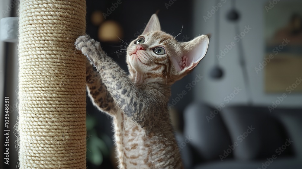 Obraz premium Devon Rex Kitten Climbing a Cat Tree
