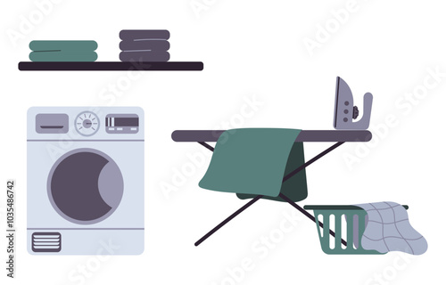 Laundry room with washing machine, ironing board, shelves with clean linen