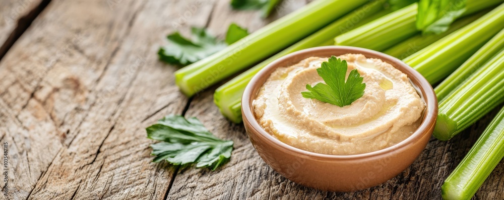 Delicious Hummus Dip Served with Fresh Celery Sticks A Perfect Snack for Healthy Eating and Entertaining Friends Delicious Hummus Dip Served with Fresh Celery Sticks A Perfect Snack for Healthy Eating and Entertaining Friends
