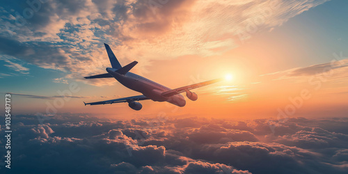 A commercial airplane flies high over fluffy clouds, silhouetted by a warm, colorful sunset in the background.