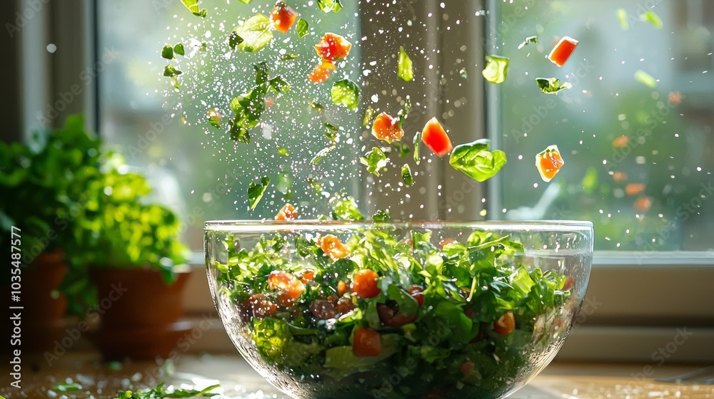 Fresh vegetables flying into a bowl, creating a dynamic salad preparation scene, vibrant colors, natural lighting. Fresh vegetables flying into a bowl, creating a dynamic salad preparation scene, vibrant colors, natural lighting.
