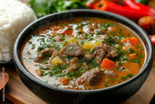Spicy Pepper Soup with Tender Beef and Vegetables, served with rice, a classic West African dish