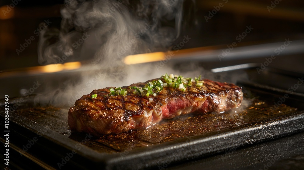 Juicy grilled steak with sizzling steam and green onions on a hot plate. Juicy grilled steak with sizzling steam and green onions on a hot plate.
