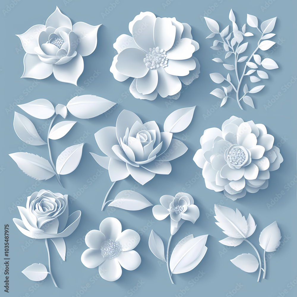 Obraz premium Set Flowers decorative 3d vector papercut