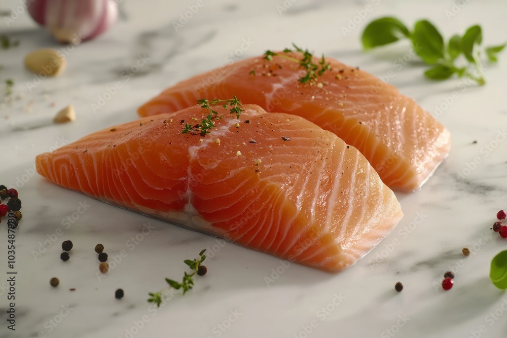 Fresh Salmon Fillets with Herbs on Marble Surface Fresh Salmon Fillets with Herbs on Marble Surface