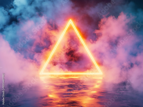 Glowing neon triangle amidst colorful smoke and reflective water surface photo