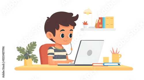 illustration, side view, happy cute little kid doing home school with computer laptop connection with internet study e-learning and course. e-learning web element