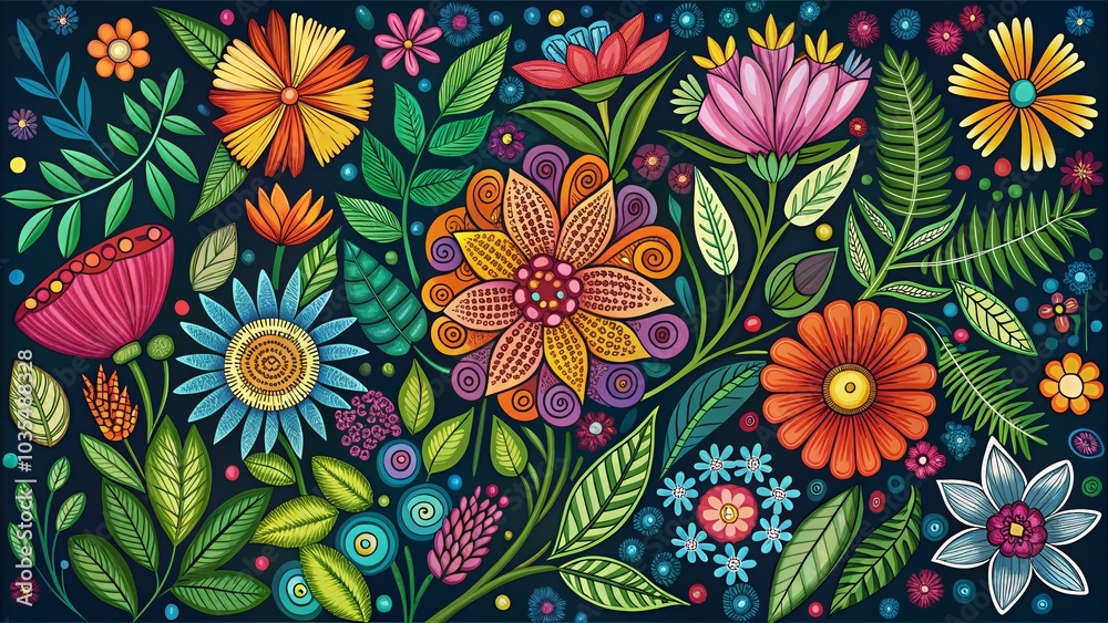 Night Photography of Hand-Drawn Doodle Flowers and Leaves for Botanical Patterns Night Photography of Hand-Drawn Doodle Flowers and Leaves for Botanical Patterns