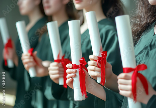 Group of graduates holding diplomas with red ribbons at graduation ceremony