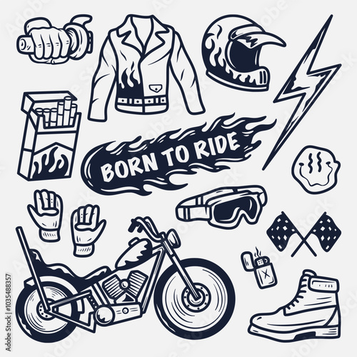 hand drawn motorbike club elements collection, Vector illustration