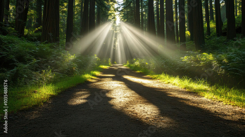 Peaceful trail in the Redwoods with sunlight filtering through the trees