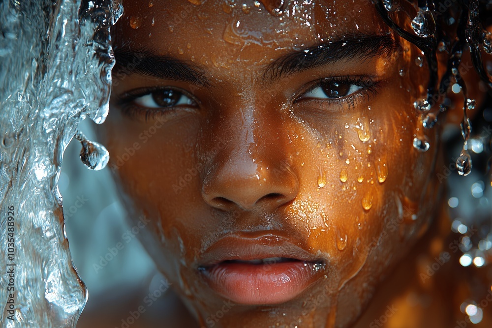 Close-up portrait of a young male with wet skin, glistening under soft lighting.