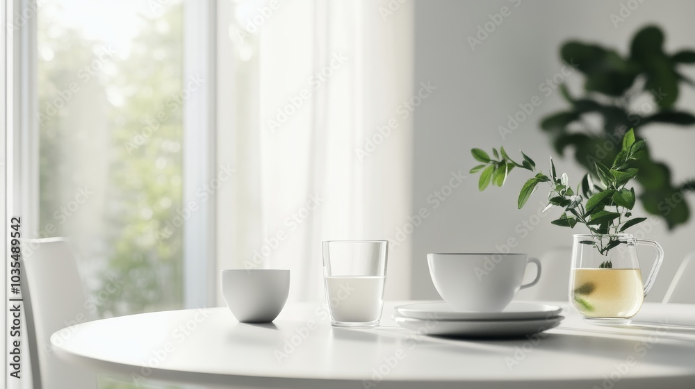 Minimalist Kitchen Table with Green Plant and Glass of Milk. Minimalist Kitchen Table with Green Plant and Glass of Milk.