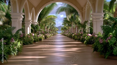 An elegantly designed arched walkway featuring concrete walls and greenery, enhanced by natural light illuminating the space photo