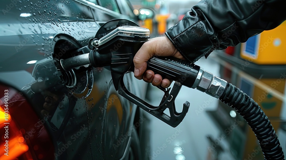 Close-up of man refueling car with gasoline at gas station. Man's hand grips a gasoline fuel nozzle, refuels his car, Generative Ai Close-up of man refueling car with gasoline at gas station. Man's hand grips a gasoline fuel nozzle, refuels his car, Generative Ai