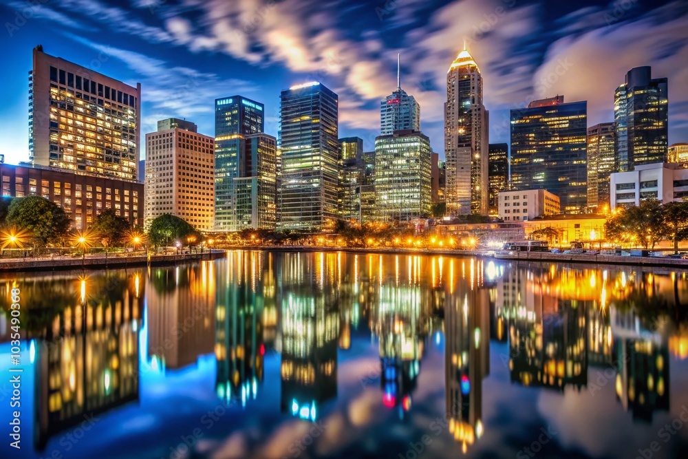 Naklejka premium Nighttime City Downtown Reflection in Vintage Tone - Architectural Beauty