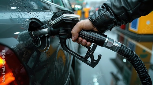 Close-up of man refueling car with gasoline at gas station. Man's hand grips a gasoline fuel nozzle, refuels his car, Generative Ai 