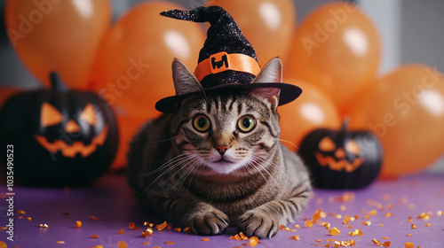 Cute Cat in Witch Hat for Halloween Party with Pumpkins and Balloons