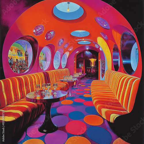 a groovy 1960's London bar, night club, from the movie Austin Powers, psychedelic, in a 1960's magazine art style