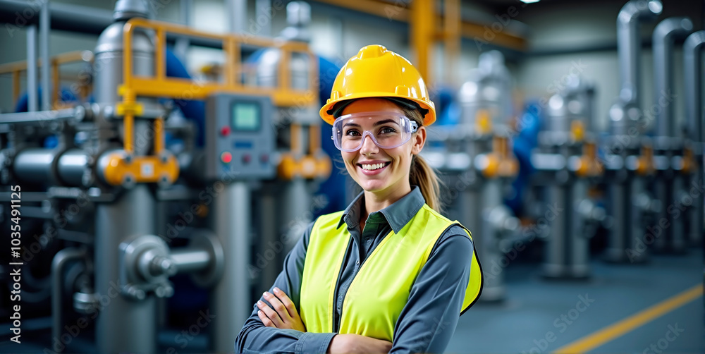 A female employee working with self-confidence in construction, heavy industry or production A female employee working with self-confidence in construction, heavy industry or production