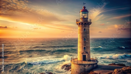 Vintage lighthouse standing tall against the backdrop of the ocean , vintage, lighthouse, beacon, maritime, coastal, old