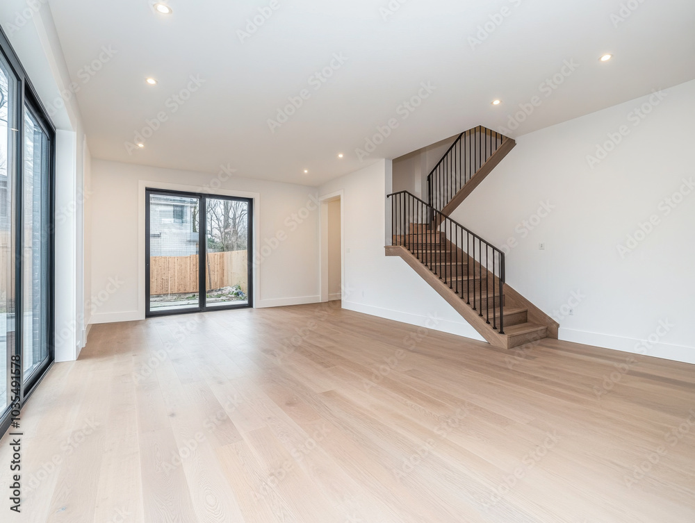 Fototapeta premium Bright, modern interior of a spacious home with large windows and a staircase