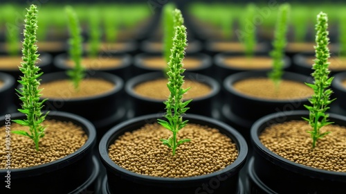 Develop methods to control grain growth during annealing treatments, A close-up view of young green plants growing in black pots filled with soil.
