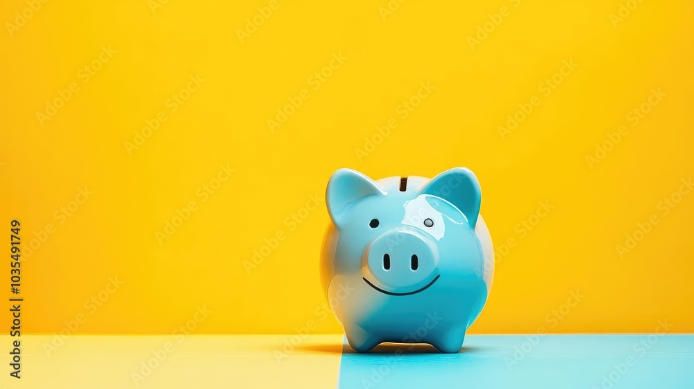 Blue Piggy Bank on Yellow Pastel Background Blue Piggy Bank on Yellow Pastel Background