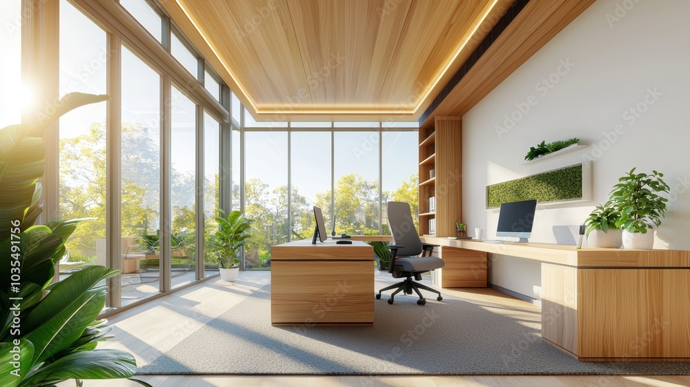 Fototapeta premium Modern Open Office Oasis: Serene Workspace with Relaxing Ambiance for Enhanced Productivity
