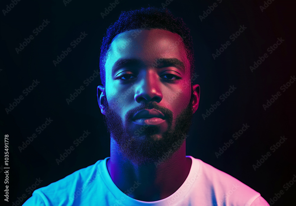 Portrait of a bearded man in neon lighting with black background Portrait of a bearded man in neon lighting with black background