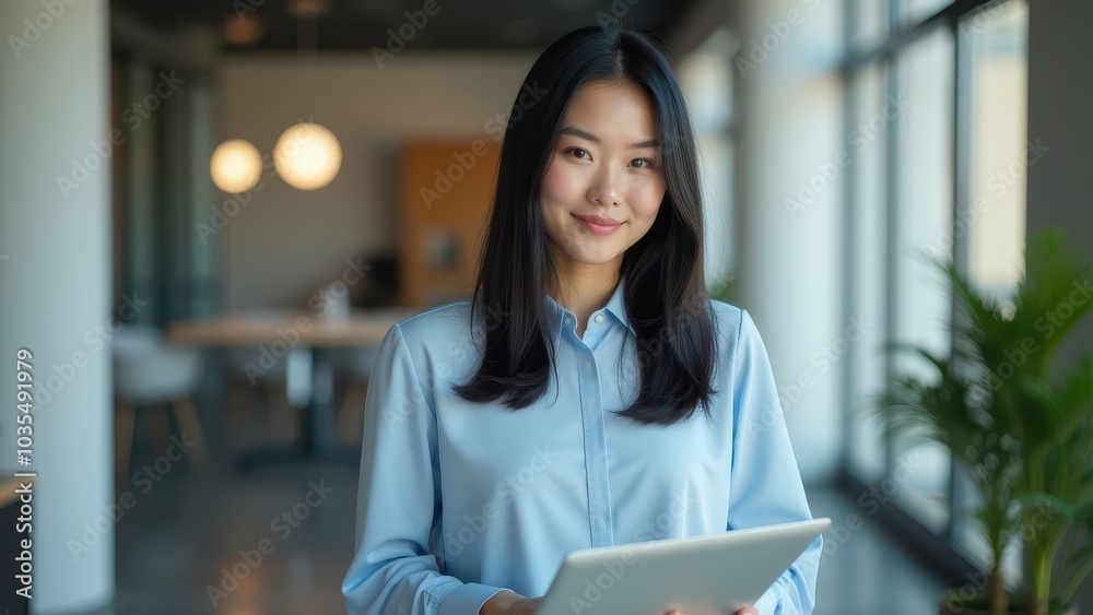 Fototapeta premium Smiling Female Entrepreneur Holding a Laptop in a Bright Office Space