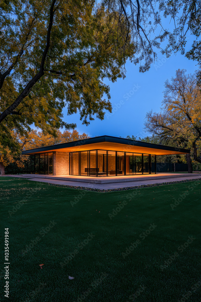 Fototapeta premium Modern architectural design of a stunning house surrounded by trees during twilight