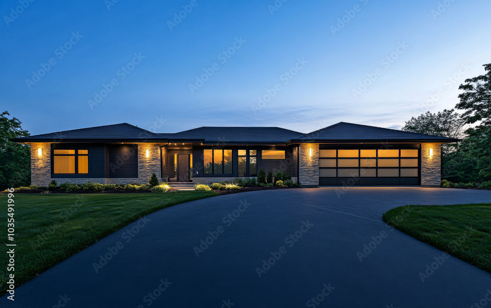 Elegant modern home exterior at twilight with warm lights illuminating the landscape Elegant modern home exterior at twilight with warm lights illuminating the landscape